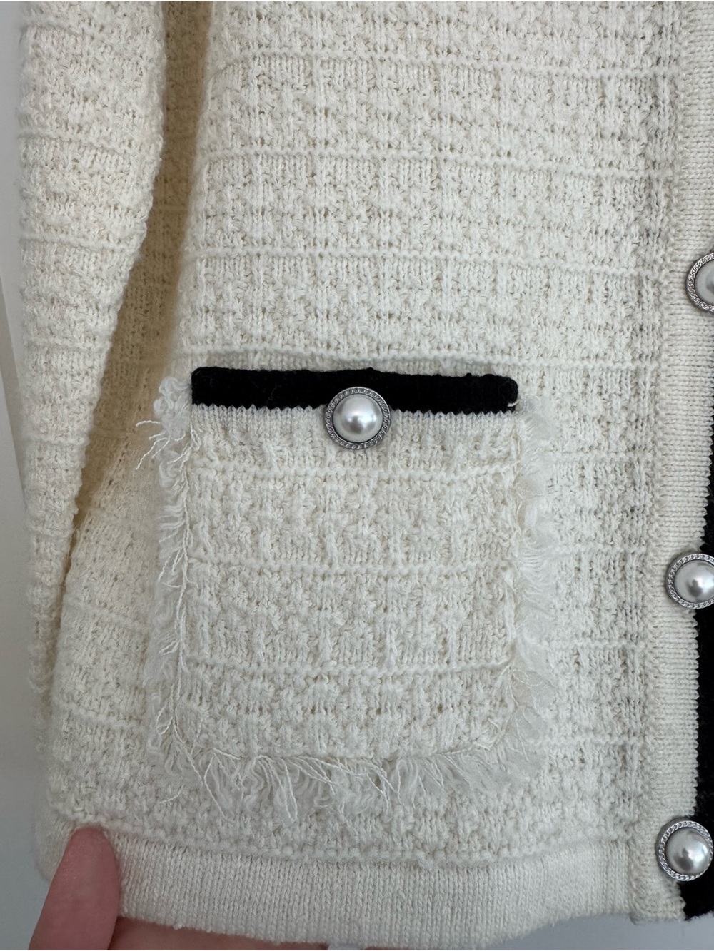 NWT Talbots Fringe Tweed Cardigan Jacket Cream Black Trim Pearl Buttons Medium - Picture 7 of 8